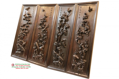 Tranh Tứ Quý Chạm Nổi: Tùng Cúc Trúc Mai