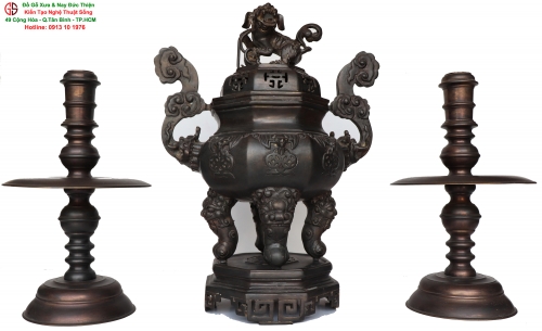 Bộ Lư Đồng Đẹp - Chạm Chữ Thọ - Phúc Ngậm Kim Tiền
