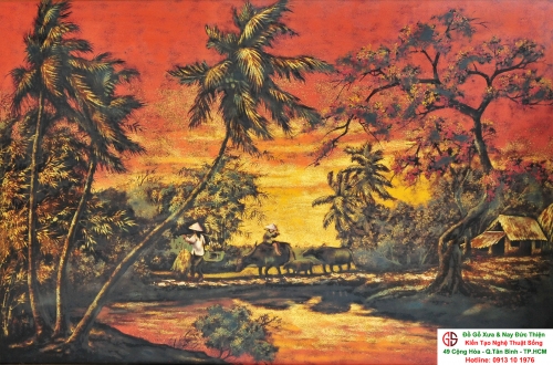 Tranh Sơn Mài Thiếp Vàng Thành Lễ Xưa - Cảnh Đồng Quê