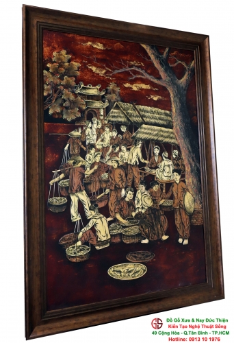 Tranh Chợ Quê  - Tranh Sơn Mài Thiếp Vàng - Cẩn Gỗ - Độc Hiếm