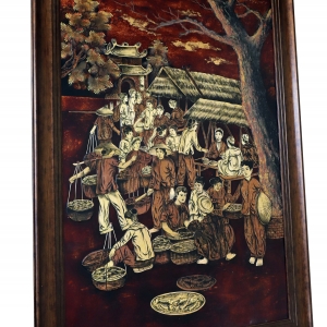 Tranh Chợ Quê  - Tranh Sơn Mài Thiếp Vàng - Cẩn Gỗ - Độc Hiếm