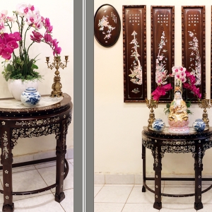 Bàn Bán Nguyệt khảm ốc xà cừ - Kiểu xưa, Mặt Đá Tàu
