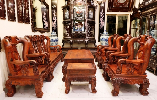 Bộ Bàn Ghế Phòng Khách Gỗ Cẩm Lai 10 Món Tay 14 Chạm Đào Cực Đẹp