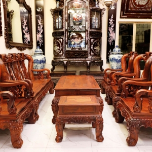 Bộ Bàn Ghế Phòng Khách Gỗ Cẩm Lai 10 Món Tay 14 Chạm Đào Cực Đẹp