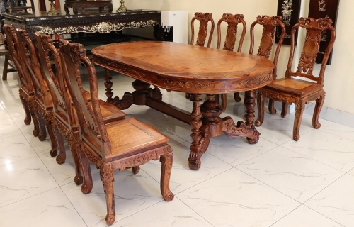 BỘ BÀN ĂN GỖ CẨM NU 8 GHẾ CHẠM KHẮC ĐẸP