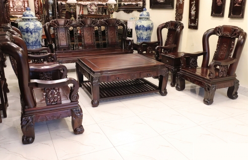 BỘ BÀN GHẾ PHÒNG KHÁCH GỖ TRẮC 10 MÓN TAY 12 CHẠM VOI CỰC HIẾM